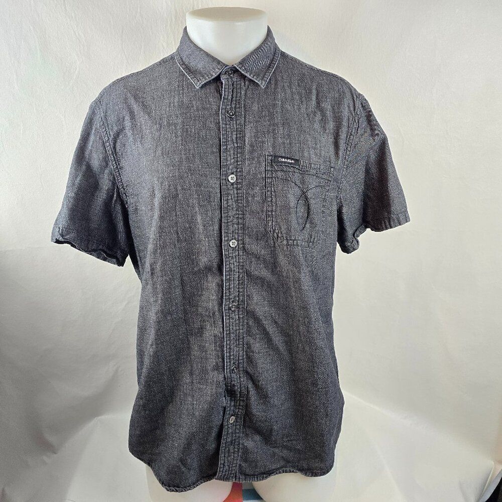 Calvin Klein Shirt Mens Large Black Gray Button Up Chambray Denim Casual Summer